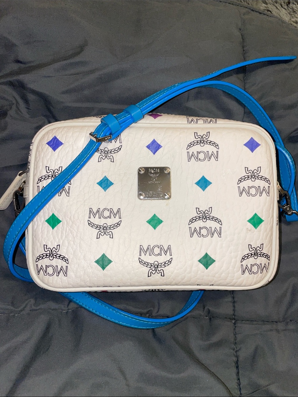 MCM White Crossbody Bag with Blue and Green Accents
